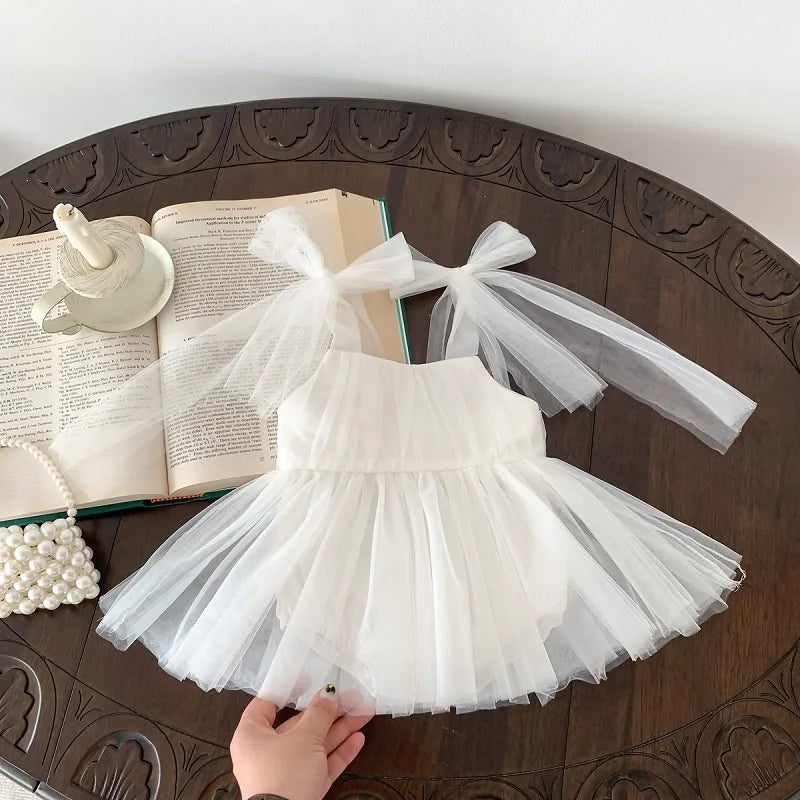 2026 Summer Baby Clothes 100 Day Baptism Birthday Party Sleeveless Jumpsuit Mesh Bow Romper Girl Princess Dress