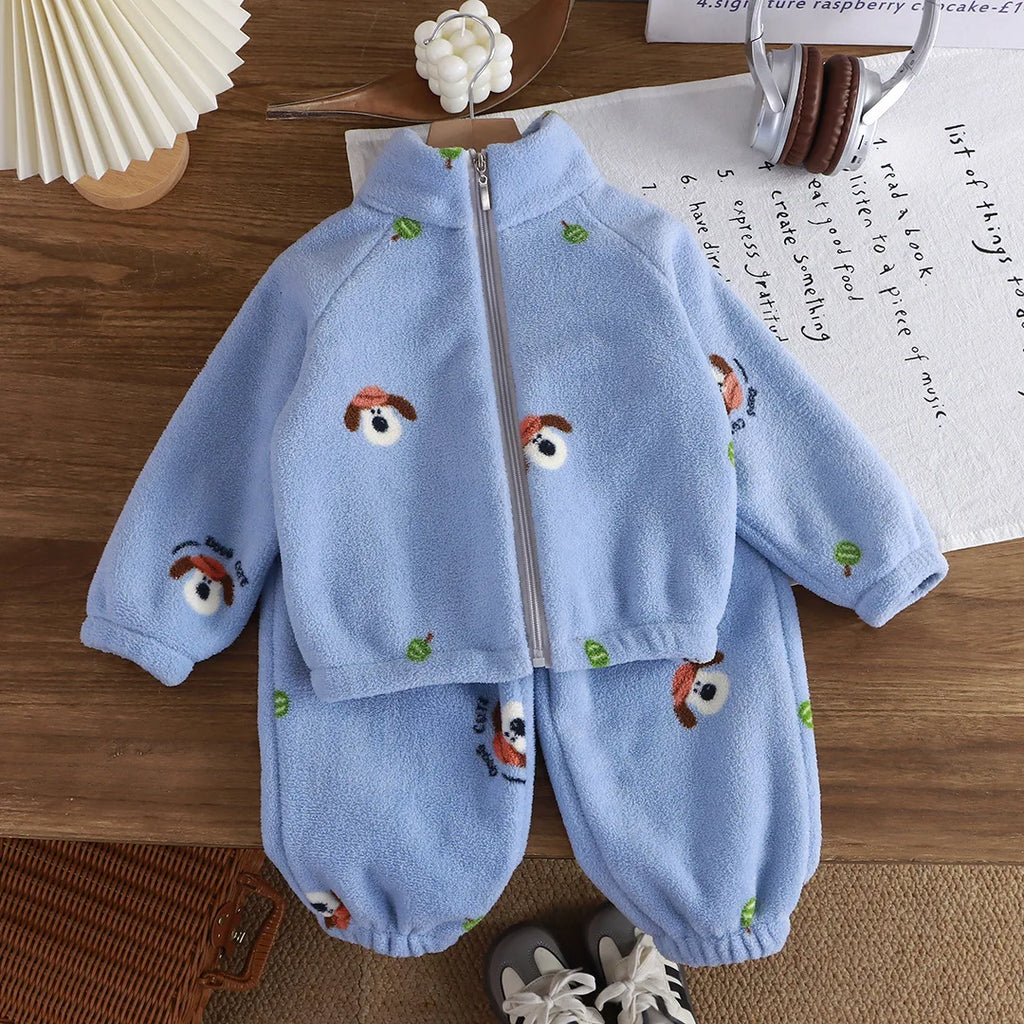 0-4 Years Old Toddler Suit Winter Flannel Home Outdoor Suit Children Pajamas Boy Girl Cartoon Thick Coral Velvet Two-Piece Set