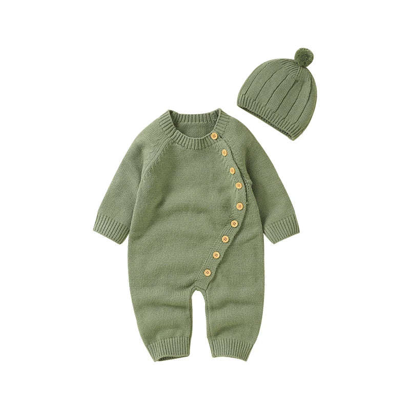 Baby Rompers Clothes Spring Autumn Solid Full Sleeve Knitted Newborn Infant Boys Girls Jumpsuits Hats Outfits Sets 0-18m Costume