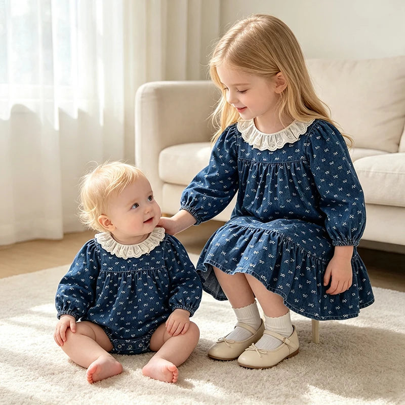 Toddler Sister Denim Bow Print 2-6Yrs Dress & 0-24M Baby Romper Ruffle Lace Collar Long Sleeve Infant Girls Sibling Clothes