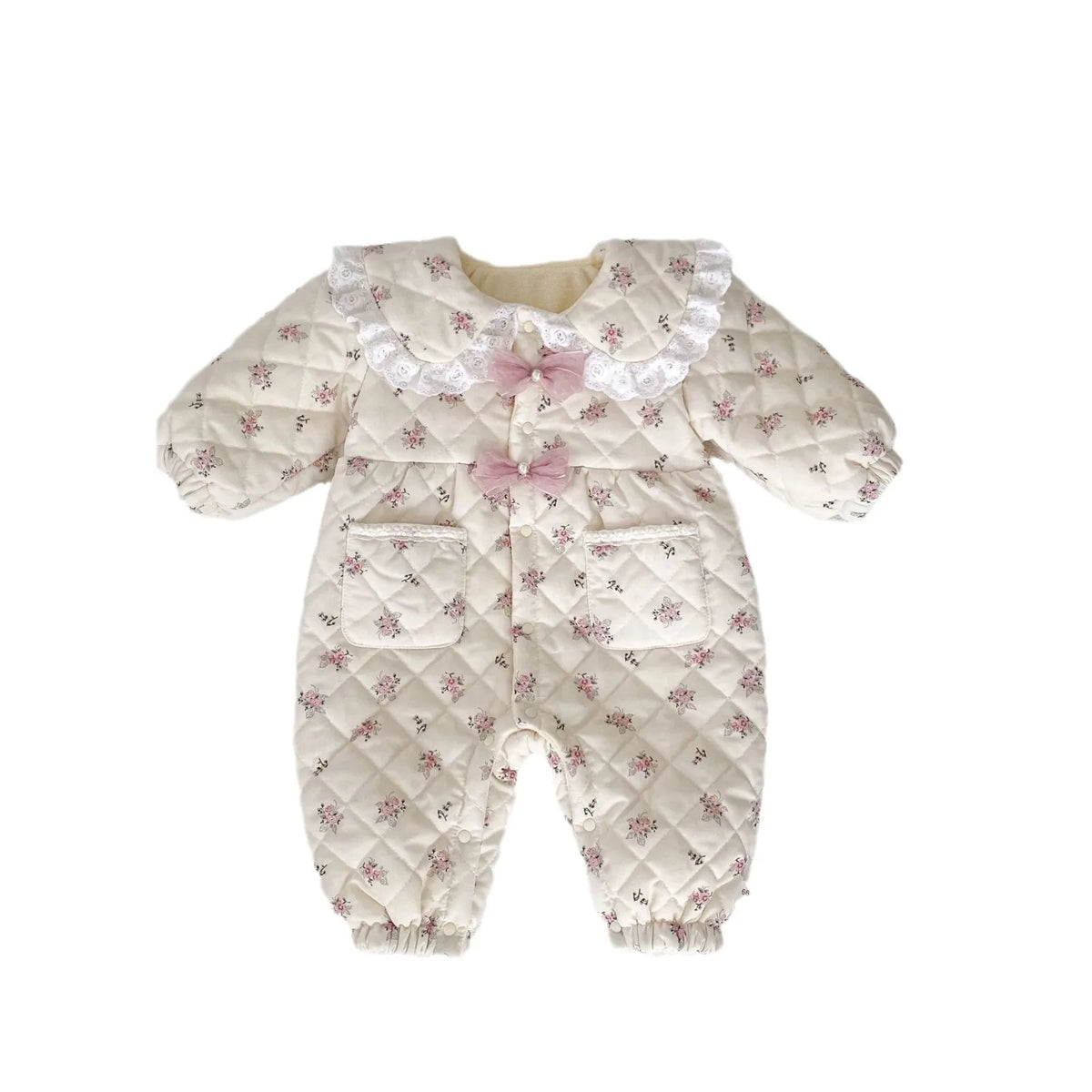 2025 Winter New Baby Girl Sweet Floral Fleece Romper Cute Lace Lapel Newborn Clothes Thick Warm Infant Girl Bow Padded Jumpsuit