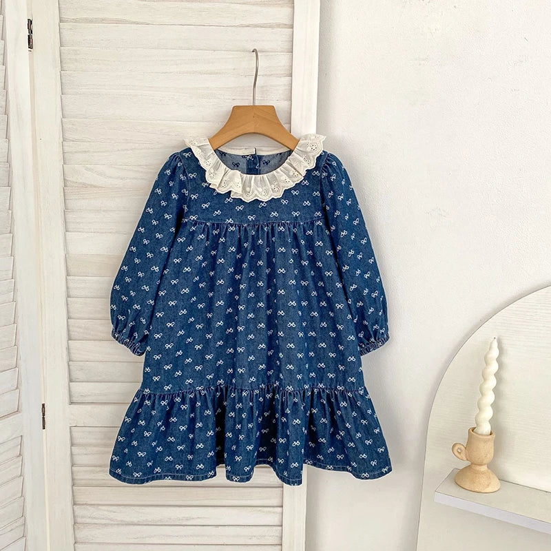 Toddler Sister Denim Bow Print 2-6Yrs Dress & 0-24M Baby Romper Ruffle Lace Collar Long Sleeve Infant Girls Sibling Clothes
