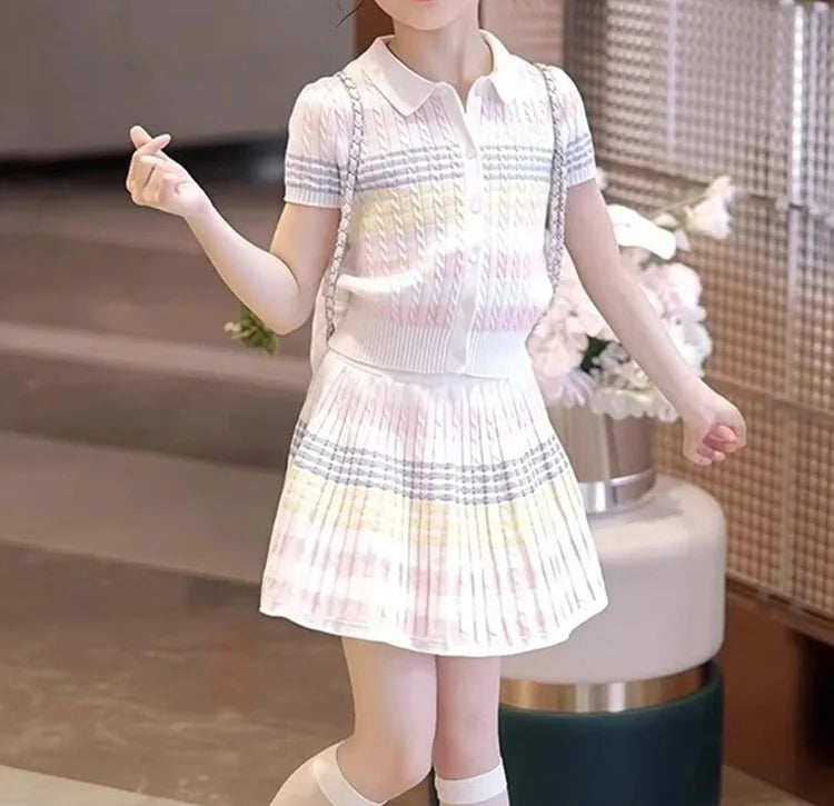 2026 new summer child set teenager Girls Cloth striped tracksuit T shirt top + bottom pleated Skirt suit 4 8 9 10 12 Year tennis