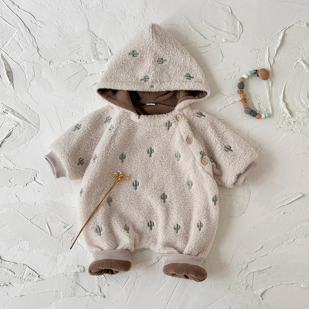 Newborn Baby Clothes Soft Plush Winter Baby Boys Girls Jumpsuit Cactus Embroidery Hooded Warm Rompers