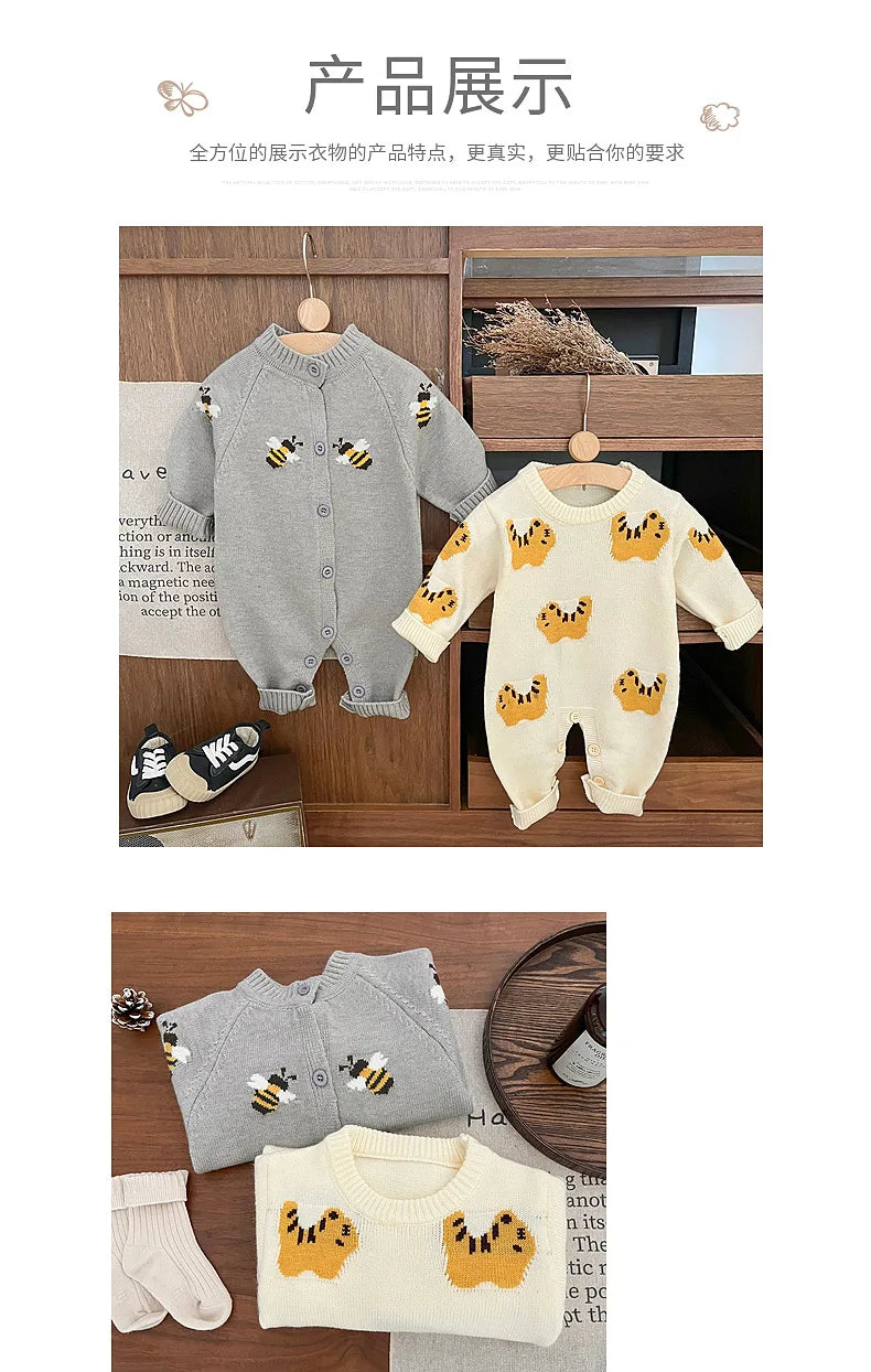 Newborn Baby Clothes 2026 Spring Boys' and Girls' Sweaters Jumpsuit Cute Cartoon Knitted Climbing Clothes