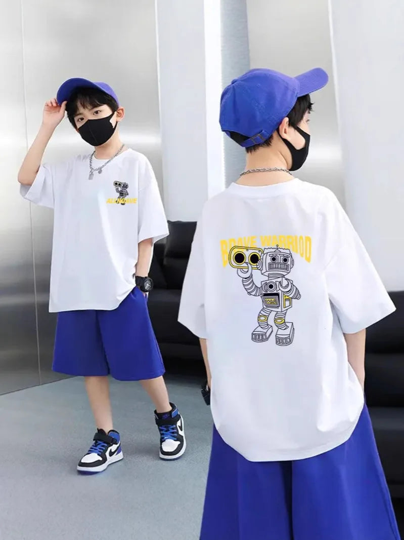 2026 summer Teens Boys Clothes set Outfit Kid robot fashion Tracksuit Child t-shirt top + solid shorts pant 4 7 8 10 12 14 Year