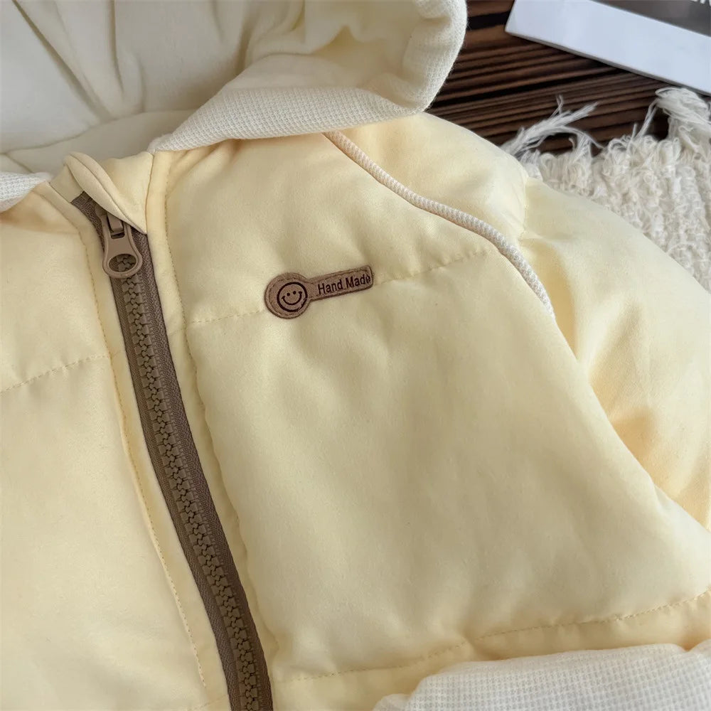 Baby winter clothes with cotton jumpsuit, sweet and cute, 0-2 year old female baby with plush and thick climbing clothes