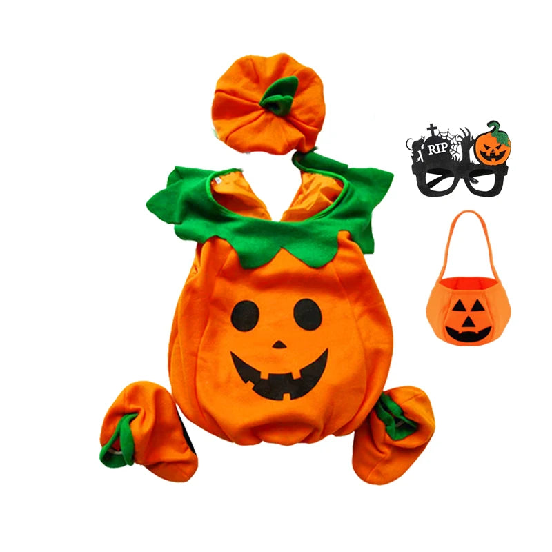 2026 Baby Girls Boys Children Jumpsuit Halloween Pumpkin Costume with Hat Cosplay Stage Performance Christmas Party Costume