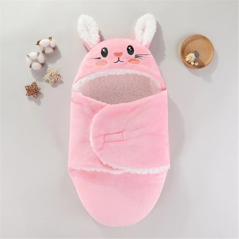 Soft Flannel Winter Warm Baby Swaddle Blanket Thicken Plush Lining Hooded Blanket for 0-6 Months Newborn Envelope Cocoon Blanket