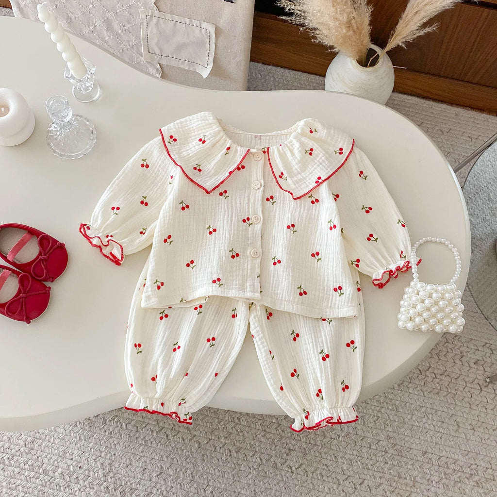 Baby Clothing Set 2025 Autumn New Baby Girl Pajamas Set Infant Cherry Print Top+Pant Casual Two-piece Suit Home Clothes