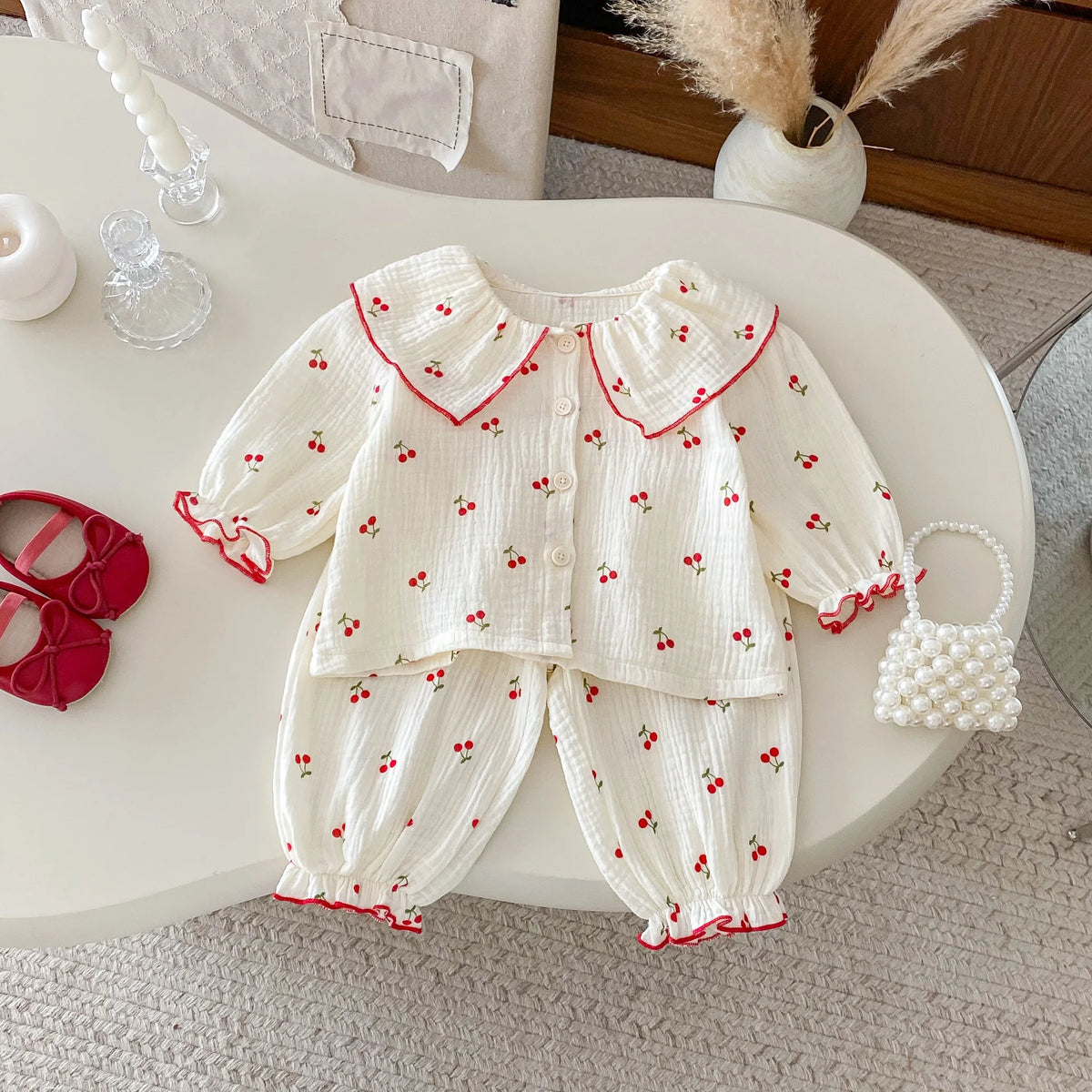 Baby Clothing Set 2025 Autumn New Baby Girl Pajamas Set Infant Cherry Print Top+Pant Casual Two-piece Suit Home Clothes