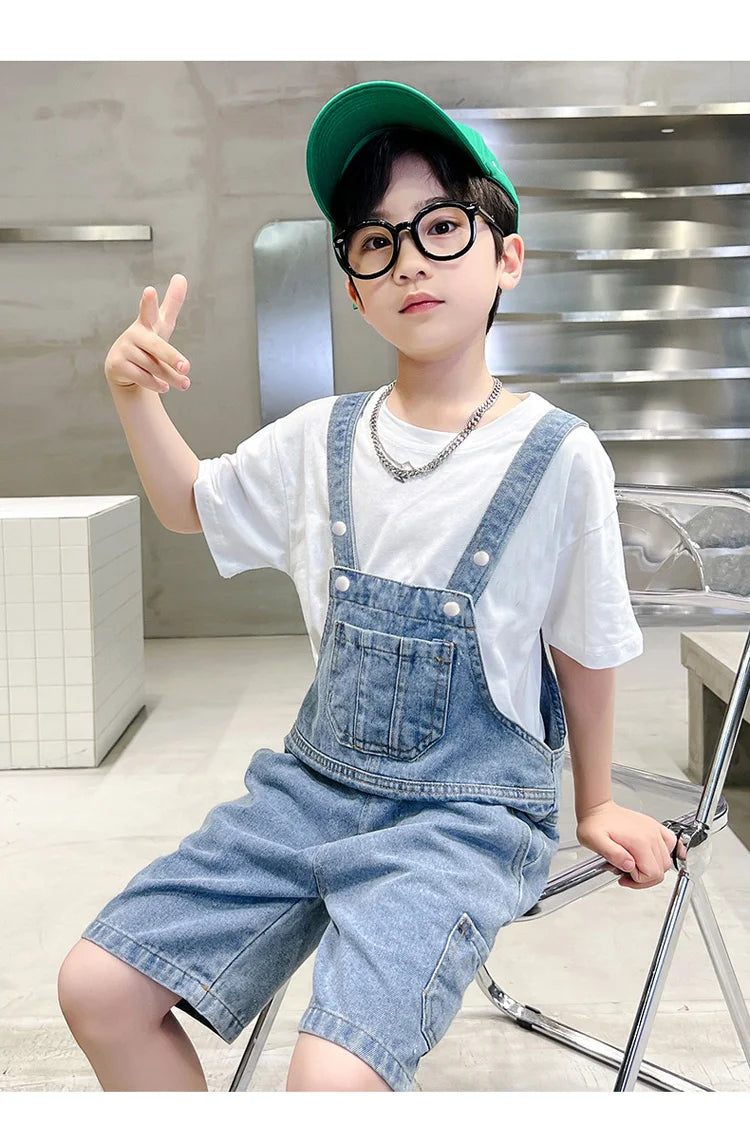 Children's Overalls Pants Boys New Summer Short Jumpsuit New Baby Trousers Bib Jeans Kids Denim Shortalls Age 4 To 14 Years Old