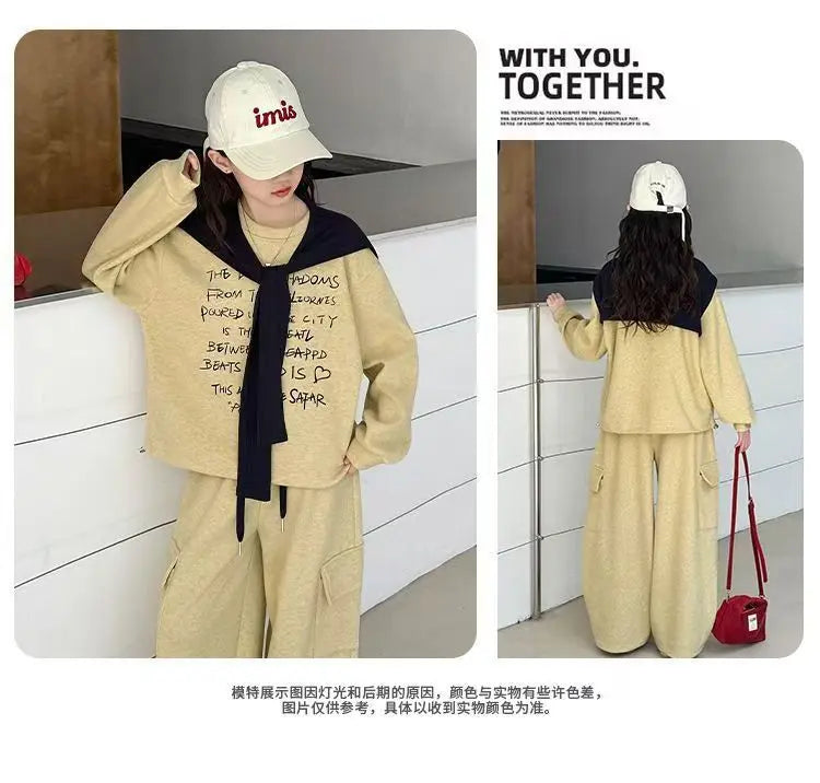 2026 autumn spring teenager kids girl Children set Clothes loose sweatshirt Hooded t shirt+ pocket wide leg pant 4 10 12 14 Year