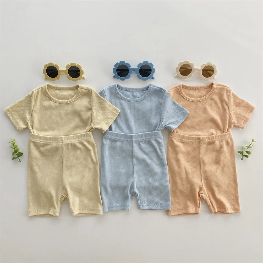 Baby Cotton Ribbed Clothes Set Short Sleeve Tops + Shorts 2pcs Suit Candy Color Baby Girl T Shirts Solid Boys Shorts Outfits