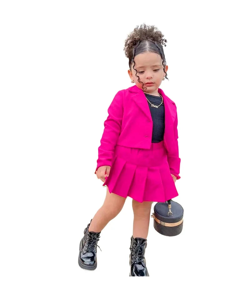 2025 Kids Girls Autumn 2 Pcs Outfits Long Sleeve Button Coat + Pleated Plaid Skirt Children Clothing For 2 3 4 5 6 7 8 Years