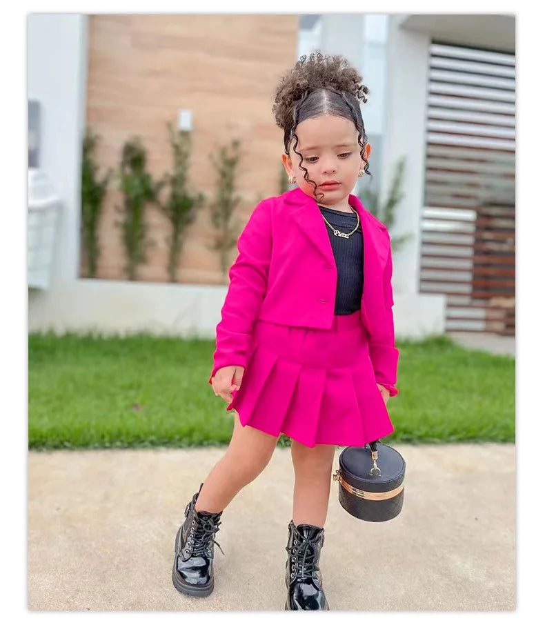 2025 Kids Girls Autumn 2 Pcs Outfits Long Sleeve Button Coat + Pleated Plaid Skirt Children Clothing For 2 3 4 5 6 7 8 Years