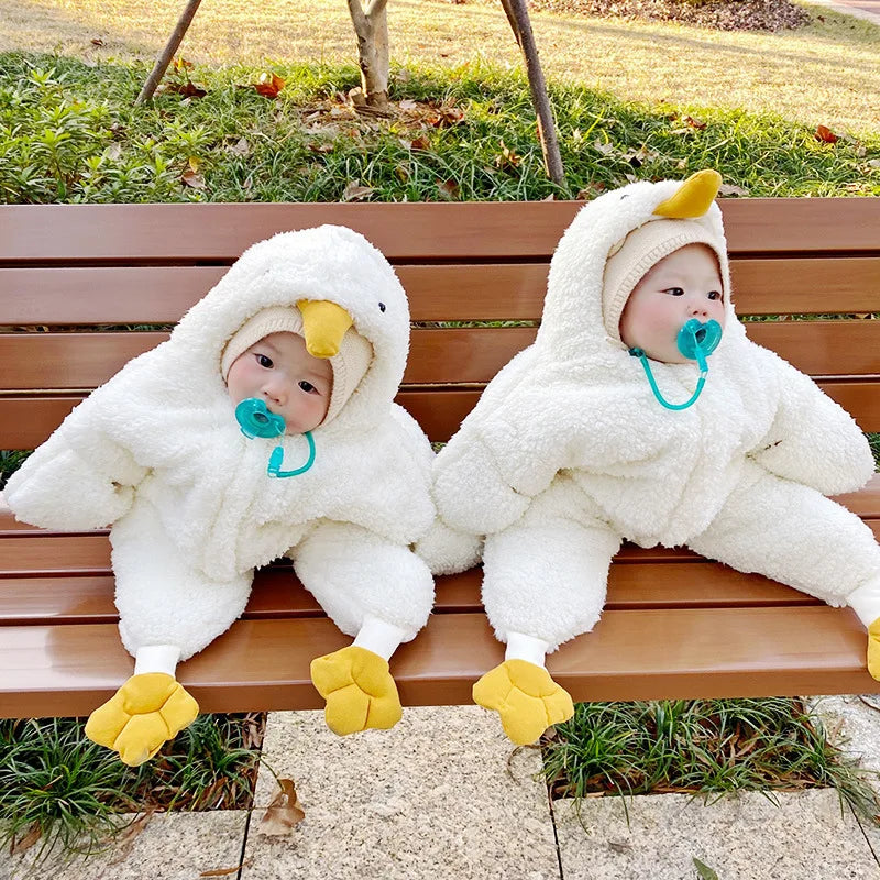 Cartoon Baby Clothes Boy Rompers Long Sleeve Fleece Hooded Baby Girl Romper Winter Warm Newborn Jumpsuit Clothes 0-7 Months