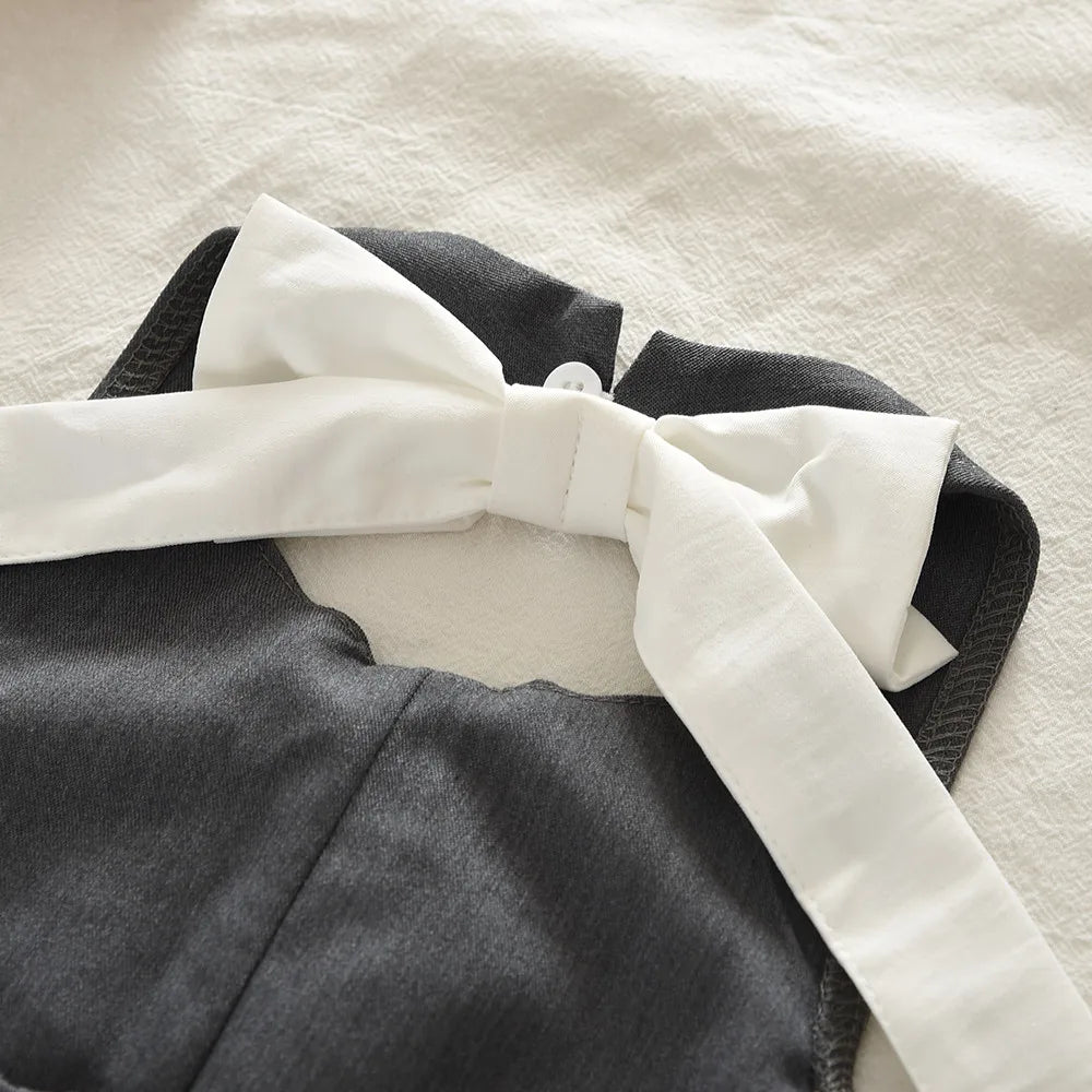 3-7 Year Old Fashionable Street Style Hanging Neck Gray Girls' Clothing Summer New Bow Sleeveless Backless Top + Pleated Skirt