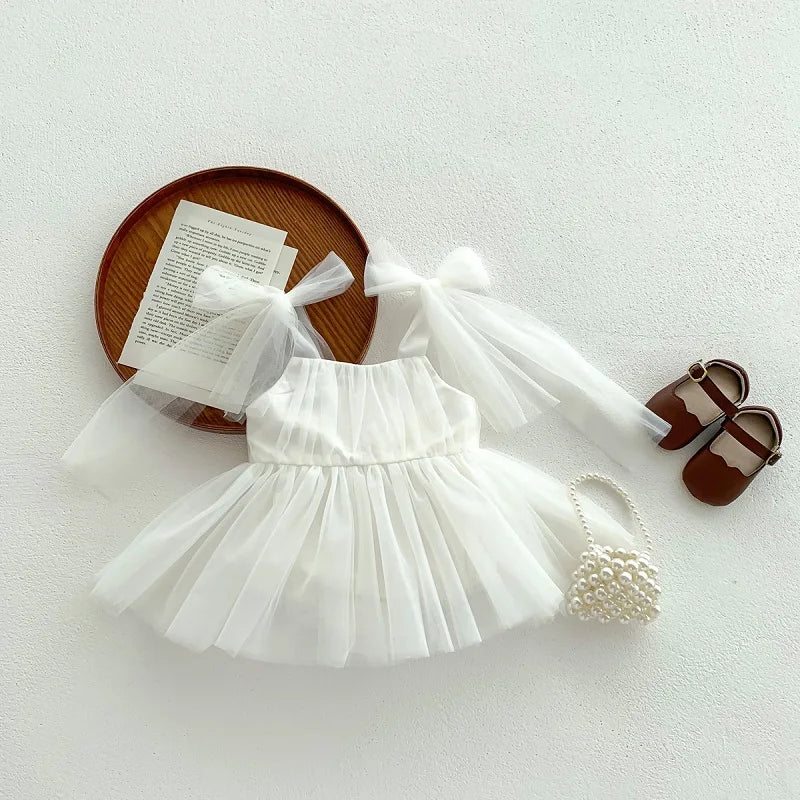 2026 Summer Baby Clothes 100 Day Baptism Birthday Party Sleeveless Jumpsuit Mesh Bow Romper Girl Princess Dress