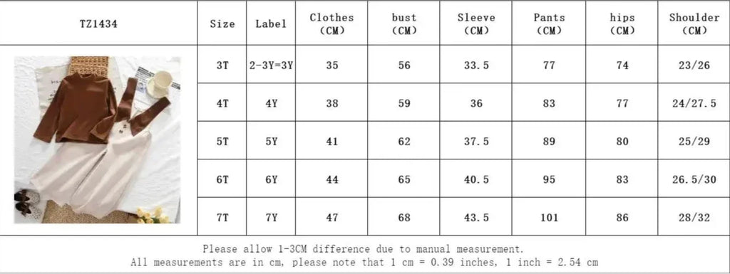 9 Months To 7 Year Old Cute Baby Girl Clothes Autumn Korean Version Coffee Color Half Collar Top + Beige Jumpsuit Two-piece Set