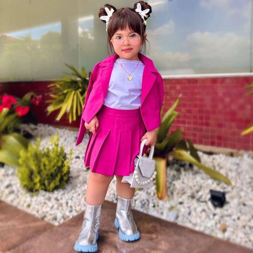 2025 Kids Girls Autumn 2 Pcs Outfits Long Sleeve Button Coat + Pleated Plaid Skirt Children Clothing For 2 3 4 5 6 7 8 Years