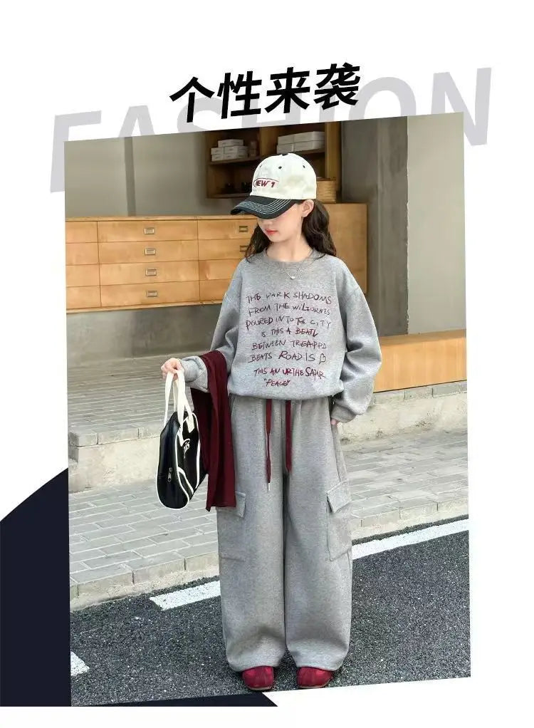 2026 autumn spring teenager kids girl Children set Clothes loose sweatshirt Hooded t shirt+ pocket wide leg pant 4 10 12 14 Year