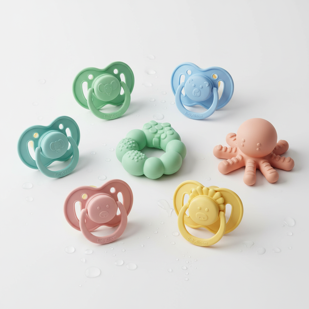 Colorful baby pacifiers and teethers set